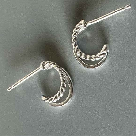 Sterling Silver Double Hoop Smooth and Twist Tiny Huggy Earrings - Picture 5 of 13